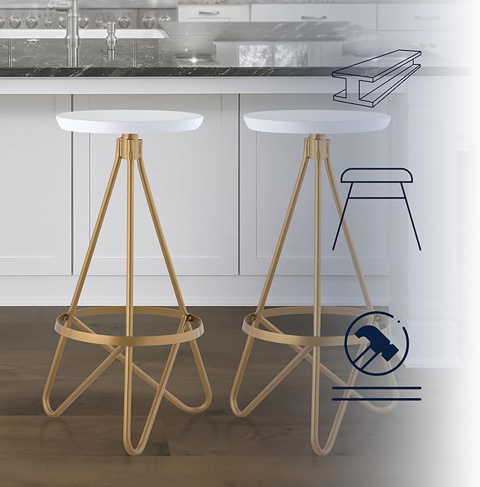 JONATHAN Y BSL1000D Spiroa 30" Modern Industrial Metal Backless Circular Bar Stool for Home, Kitchen, Dining Room, Workspaces, Cafes and Resturants, White Seat with Gold Frame