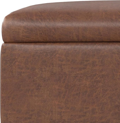SIMPLIHOME Gabbie 36 inch Wide Contemporary Square Square Coffee Table Storage Ottoman in Distressed Saddle Brown Vegan Faux Leather, Assembled, for The Living Room, Entryway and Family Room
