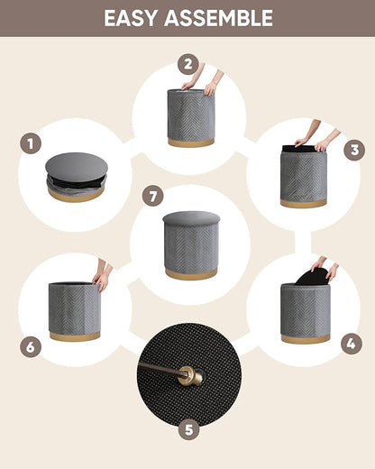 B FSOBEIIALEO Ottoman with Stroage, Round Velvet Storage Ottoman with Gold Plating Base,Foot Rest Stool for Dorm Room, Living Room Grey, 14.76"x14.76"x16.34"