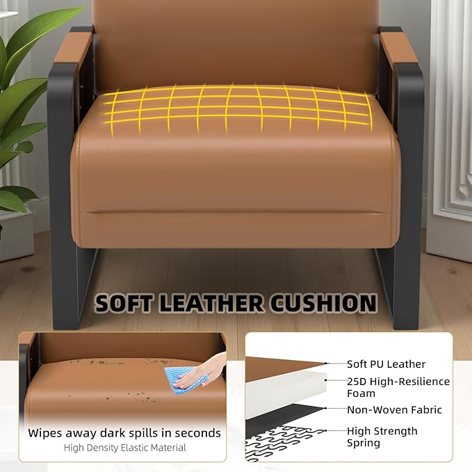 Faux Leather Accent Chairs Set of 2 with Flip Up Tray Tables Soft Backrest for Living Room Office Bedroom Modern Accent Chairs, Brown