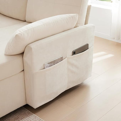 Waxberry Sectional Sofa Couch, Pull Out Couch Sleeper Sofa Bed with Storage for Living Room, Reversible Chaise, Side Pockets & Dual USB/Type-C Ports,Includes 1 Blanket, Beige
