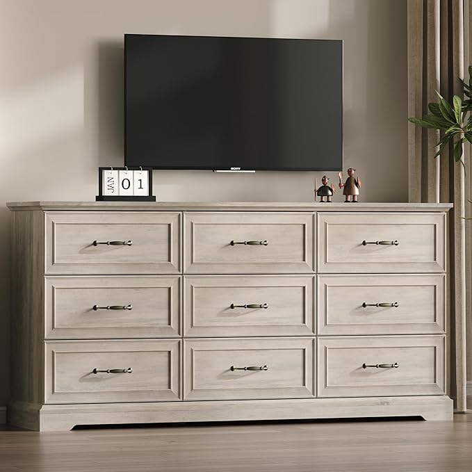 Farmhouse 9 Drawers Dresser for Bedroom, 63" Wide Modern Chest of Drawers with Deep Drawers & Bar Handles, Rustic Wood Dresser TV Stand, Wooden Closet Storage Organizer for Living Room, Hallway, Grey