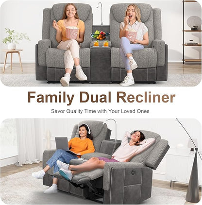 Loveseat Recliner Sofa Set, Manual Reclining Loveseat Sofa with Reading Light, Storage Console, Cup Holders, USB Ports, Grey Linen-Blend Fabric & PU Leather, Living Room Furniture Set