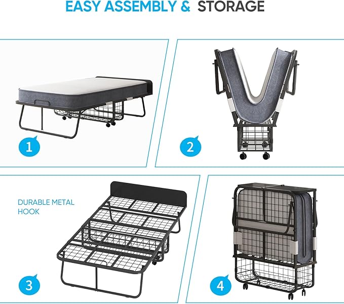 Mjkone Folding Bed with 5 Inch Foam Mattress, Single Rollaway Beds for Guest, Space Saving Portable Bed with Storage Shelf, Lockable Wheels, Sturdy Metal Frame for Adults, 75 x 31 (Upgraded)