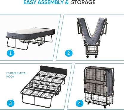 Mjkone Folding Bed with 5 Inch Foam Mattress, Single Rollaway Beds for Guest, Space Saving Portable Bed with Storage Shelf, Lockable Wheels, Sturdy Metal Frame for Adults, 75 x 31 (Upgraded)