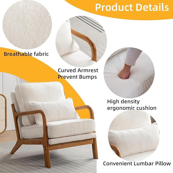 Mid-Century Accent Chair Set of 2,Sherpa Fabric Lounge Chair with Wide Armrest,Sherpa Fabric Armchair with Lumbar Pillow & Solid Wood Frame for Living Room, Bedroom, Balcony(White)