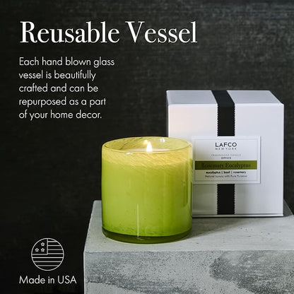 LAFCO New York Signature Candle, Rosemary Eucalyptus - 15.5 oz - 90-Hour Burn Time - Reusable, Hand Blown Glass Vessel - Made in The USA