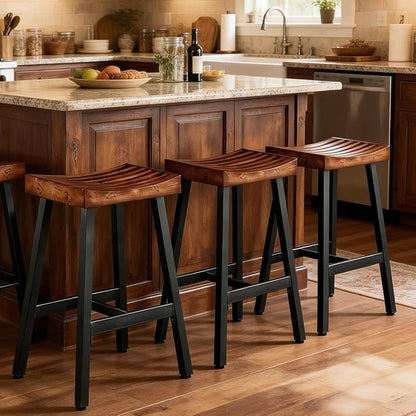 OUllUO Bar Stools Set of 2, Backless Saddle Barstools, 25" Counter Height Bar Stools, Solid Wood Counter Stools with Metal Frame, 521P-BBWD