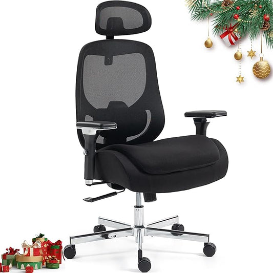 Big and Tall Executive Office Chair, Ergonomic Comfy Mesh Desk Chair with 4D Arms & Extra Wide Seat, Adjustable Headrest & Lumbar Support, 750LBS Capacity, Black