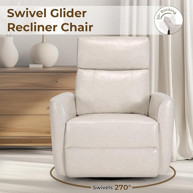 Homdox Power Recliner Chair Swivel Glider with Massage and Heat, Oversized Swivel Rocker Chair, Living Room Nursery Reclining Chair with USB, Faux Leather, for Small Spaces, Ivory