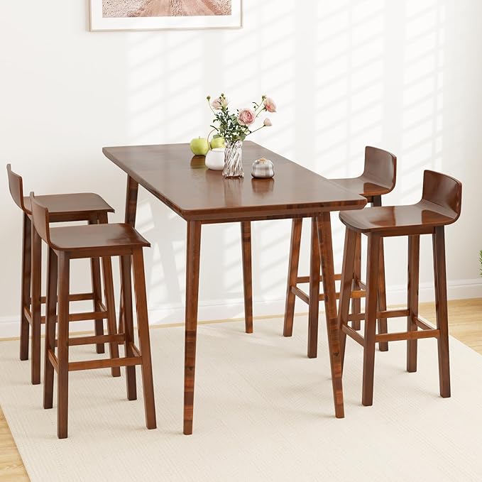 COSTWAY Solid Wood Bar Stools Set of 4, 29-inch Counter Height Chairs with Low Back and Footrest, Farmhouse Wooden Armless Barstools for Kitchen Island, Dining Room, Cafe, Breakfast, Brown