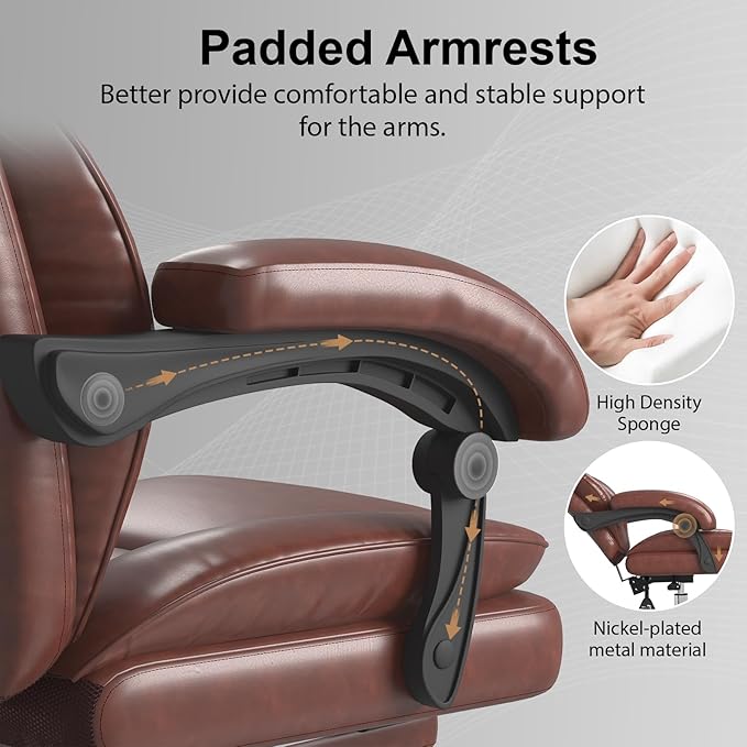 Big and Tall Office Chair, Executive Home Office Desk Chair, Leather Computer Chair with Retractable Footrest, Adjustable Headrest and Reclining Height, Padded Arms, 360°Swivel Free, Wide Seat, Brown