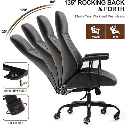 Home Office Desk Chair, Ergonomic High Back Leather Computer Chair with Lumbar Support, Adjustable Height & Recline, Swivel Executive Office Chair with Armrests and Rubber Casters, Dark Grey