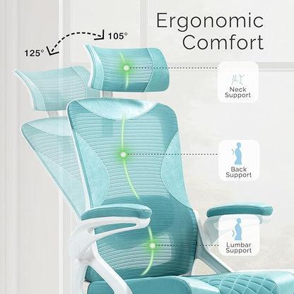 SEATZONE Ergonomic Office Chair,High Back Mesh Office Chair with Adjustable Headrest and Lumbar Support,Swivel Rolling Computer Chair Cute Desk Chair with Wheels,Blue