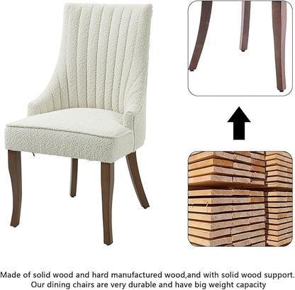 mikibama Boucle Dining Chairs Set of 2 Channel Tufted Kitchen Dinner Chair Comfy Teddy Fabric Upholstered Accent Chair for Dining Room with Solid Wood Legs (Off White 2pc)