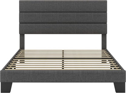 SHA CERLIN Full Platform Bed Frame with Upholstered Fabric Headboard, Mattress Foundation with Strong Wooden Slats Support, No Box Spring Needed, Grey