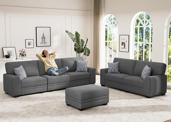 Wanderwell Oversized Modular Sectional Sofa, 6-Seater U Shaped Couches with Movable Ottoman,Corduroy Sectional Couch with Wide and Deep Seats Suitable for Living Room,Bedroom,Apartment (Grey, 2+3+OT)