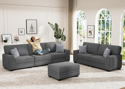 Wanderwell Oversized Modular Sectional Sofa, 6-Seater U Shaped Couches with Movable Ottoman,Corduroy Sectional Couch with Wide and Deep Seats Suitable for Living Room,Bedroom,Apartment (Grey, 2+3+OT)