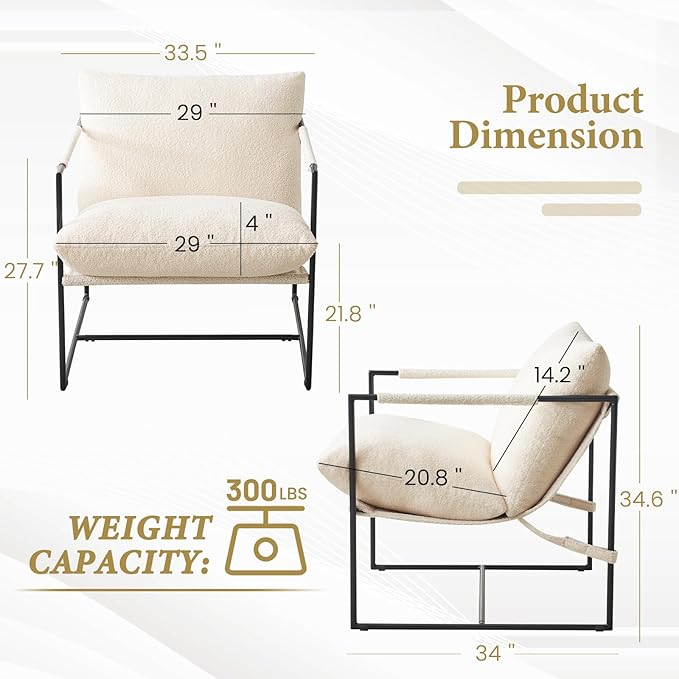 Furnilivng Large Sling Accent Chair, Comfortable Boucle Fabric Arm Chair, Upholstered Cozy Reading Chair for Living Room, Bedroom, Dressing Room, Home Office, White