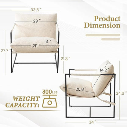 Furnilivng Large Sling Accent Chairs Set of 2, Comfortable Boucle Fabric Arm Chair, Upholstered Cozy Reading Chair for Living Room, Bedroom, Dressing Room, Home Office, White