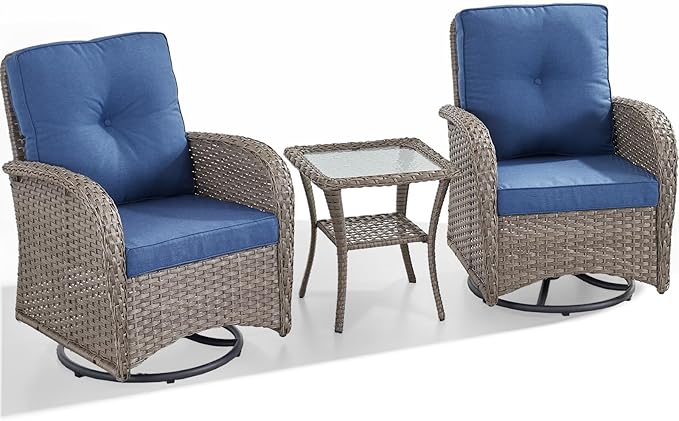 HUMMUH 3 Piece Outdoor Rocking Chairs Bistro Set-All Weather Wicker Outdoor Swivel Chairs Set of 2 with Side Table Small Patio Furniture Set for Deck Lawn Porch Balcony Poolside-Grey/Blue