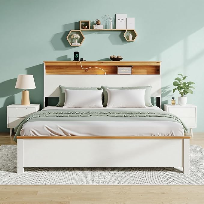 Queen Bed Frame, Wood Platform Bed Frame with Storage Headboard, Charging Station, Modern Bedframe Queen Size, 800lbs Capacity, Metal Slat Support, Noise-Free, No Box Spring Needed, White