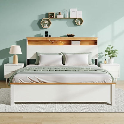 Queen Bed Frame, Wood Platform Bed Frame with Storage Headboard, Charging Station, Modern Bedframe Queen Size, 800lbs Capacity, Metal Slat Support, Noise-Free, No Box Spring Needed, White