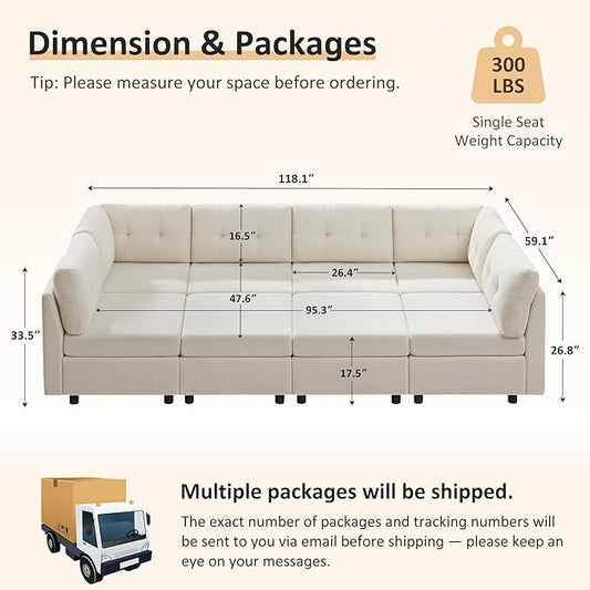 VANOMi 6 Seat Modular Sectional Sofa with 2 Ottomans, 118" Convertible Modular Cloud Sofa Bed, Comfy Chenille Sofas & Couches for Living Room, Apartment, Office, Beige, Large Sofa Bed