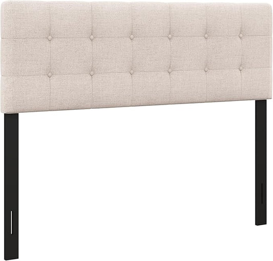 KOMFOTT Linen Upholstered Headboard for Full & Queen Size Bed Frame, Tufted Button Bed Headboard with Solid Rubber Wood Legs, Rectangular Headboard with Adjustable Width, Beige