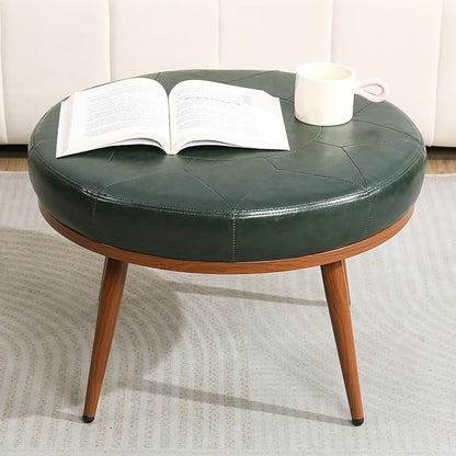 Round Ottoman Coffee Table, 24-Inch Faux Leather Cushioned Footstool with Solid Wood Bookshelf & Frame, Multifunctional Storage Ottoman for Living Room, Bedroom (Green)