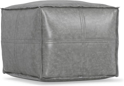SIMPLIHOME Brody 18-inch Wide Square Pouf in Distressed Grey Vegan Faux Leather, Boho-Style Ottoman, Footstool or Extra Seating for Living Room, Assembled