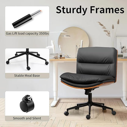 Armless Modern Walnut Office Desk Chair with Wheels, PU Leather Adjustable Wide Swivel Task Chair, Ergonomic Cross Legged Computer Chair for Conference Room, Home Office (Black)