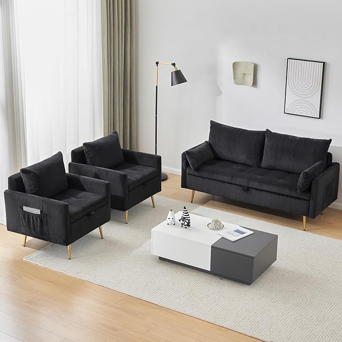 Furnimart 2-Seater Storage Loveseat for Small Spaces, 62“ Corduroy Couch with Removable Cushion Cover and Metal Leg for Bedroom, Apartment, Tiny Homes and Lofts, Black