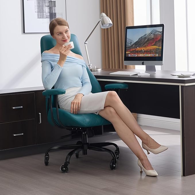 Home Office Desk Chair, Ergonomic High Back Leather Computer Chair with Lumbar Support, Adjustable Height & Recline, Swivel Executive Office Chair with Armrests and Rubber Casters, Green