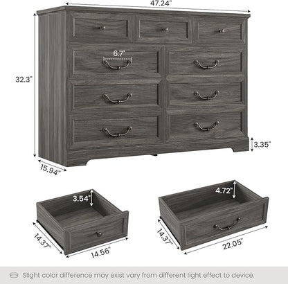 DICTAC Farmhouse 9 Drawers Dresser for Bedroom, Wide Dressers Chest of Drawers, Large Storage Closet Organizer with Natural Texture and Vintage Metal Handle, Wooden Dresser TV Stand for Living Room