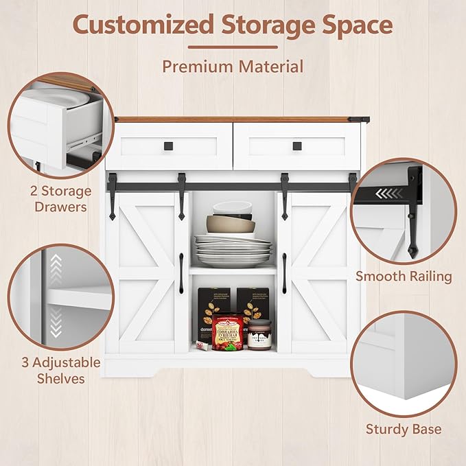 Vabches Bathroom Floor Cabinet, Farmhouse Storage Cabinet with Sliding Barn Door and Storage Drawers, White Buffet Cabinet with Adjustable Shelves for Bathroom, Kitchen, Entrance Area, Living Room