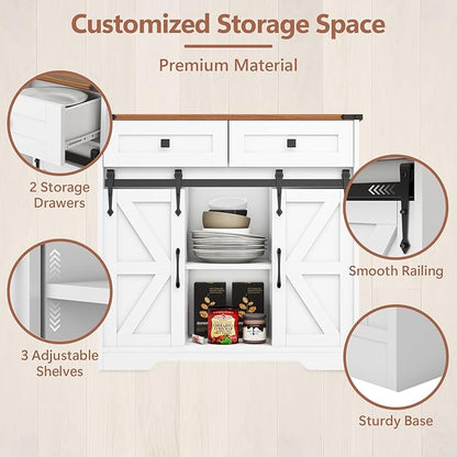 Vabches Bathroom Floor Cabinet, Farmhouse Storage Cabinet with Sliding Barn Door and Storage Drawers, White Buffet Cabinet with Adjustable Shelves for Bathroom, Kitchen, Entrance Area, Living Room