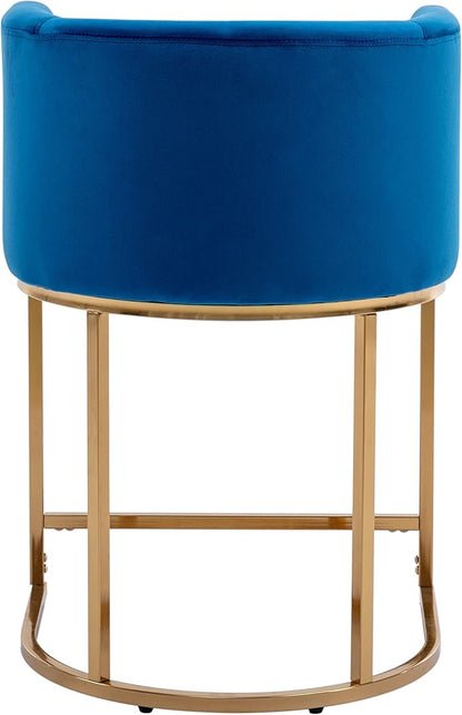Contemporary Blue Velvet Bar Stools Set of 2, 24" Upholstered Fabric Counter Height Barstools Kitchen Counter Island Stools with Screwed Together Golden Metal Base