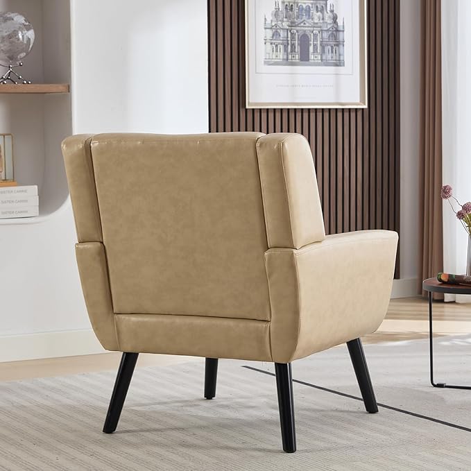 Dolonm Midcentury Modern Leather Accent Chair with Arms, Upholstered Reading Side Chair Tufted Back Decorative Wingback Chair for Living Room Bedroom (Khaki-PU)