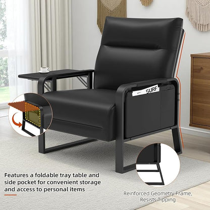 Upholstered Accent Chair, Modern Faux Leather Sofa Chair with Foldable Side Tray Table & Storage Pocket, Small Accent Sofa for Living Room, Bedroom, Reception Room, Black