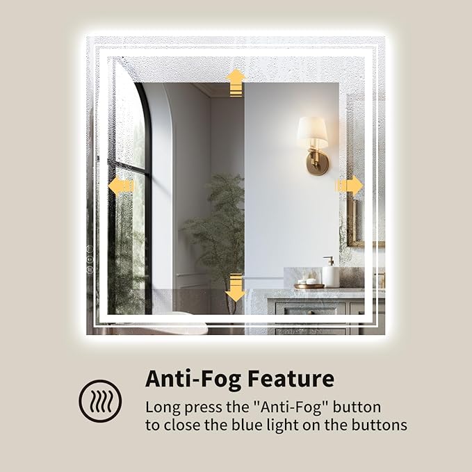WTTY LED Bathroom Mirror 32"x32" with Backlit and Front Light,Stepless Dimmable LED Mirror for Bathroom,Anti-Fog Lighted Bathroom Vanity Mirror Modern for Wall,Memory Function,Shatter-Proof