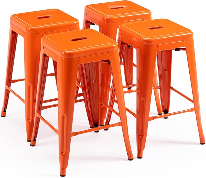 Vogue Furniture Direct 24" High Bar Stools Backless Orange Metal Barstools Indoor-Outdoor Counter Height Stools with Square Seat, Set of 4