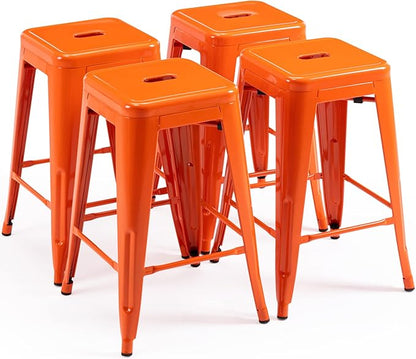 Vogue Furniture Direct 24" High Bar Stools Backless Orange Metal Barstools Indoor-Outdoor Counter Height Stools with Square Seat, Set of 4