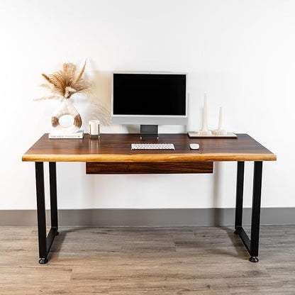 Wood Computer Desk with Drawer - 48x27 Solid Wood Desk, Live Edge Walnut Desk, Sturdy Metal Legs - Scratch and Stain Resistant Finish - Premium Quality