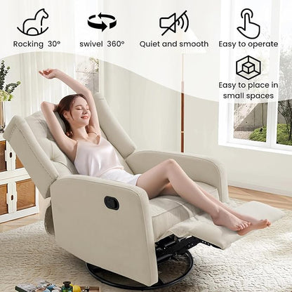 360 Swivel Rocker Recliner Chair for Adults, Nursery Chair for Small Spaces Living Room, Upholstered Fabric Glider Recliner, Lvory