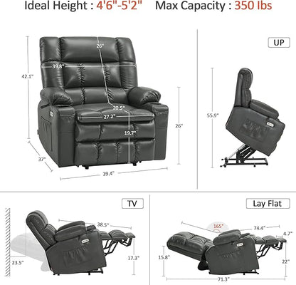 MCombo Dual Motor Power Lift Recliner Chair for Elderly, Lay Flat Lift Chair with Heat and Massage, Petite Wide Lift Chair, Cup Holders, USB A&C Ports, Faux Leather R7894 (Grey, Small-Wide)