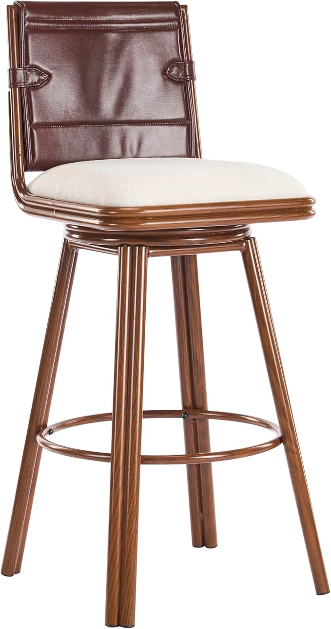 Christopher Knight Home Sibyl Fabric Upholstered Counter Height Bar Stools Set of 2, Metal Stool Chair for Kitchen Island with Faux Leather Backrest, Armless Counter Stool with Footrest, Beige+Walnut