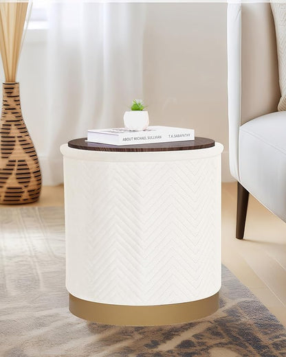 B FSOBEIIALEO Ottoman with Stroage, Round Velvet Storage Ottoman with Gold Plating Base,Foot Rest Stool for Dorm Room, Living Room White, 16.73"x16.73"x17.72"