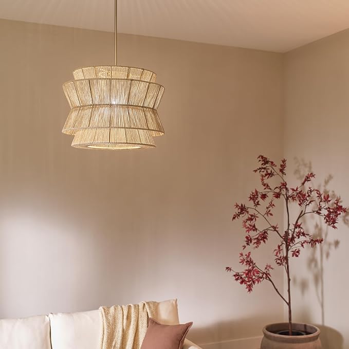 KICHLER Ophira 1-Light Pendant, Global Boho Light with Jute Shade in Champagne Bronze, Sloped Ceiling Compatible, for Kitchen or Foyer (16.75" x 22"), 52734CPZ
