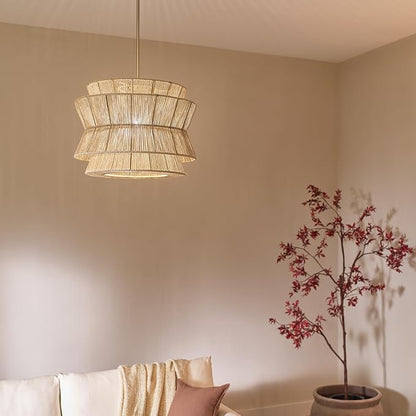 KICHLER Ophira 1-Light Pendant, Global Boho Light with Jute Shade in Champagne Bronze, Sloped Ceiling Compatible, for Kitchen or Foyer (16.75" x 22"), 52734CPZ